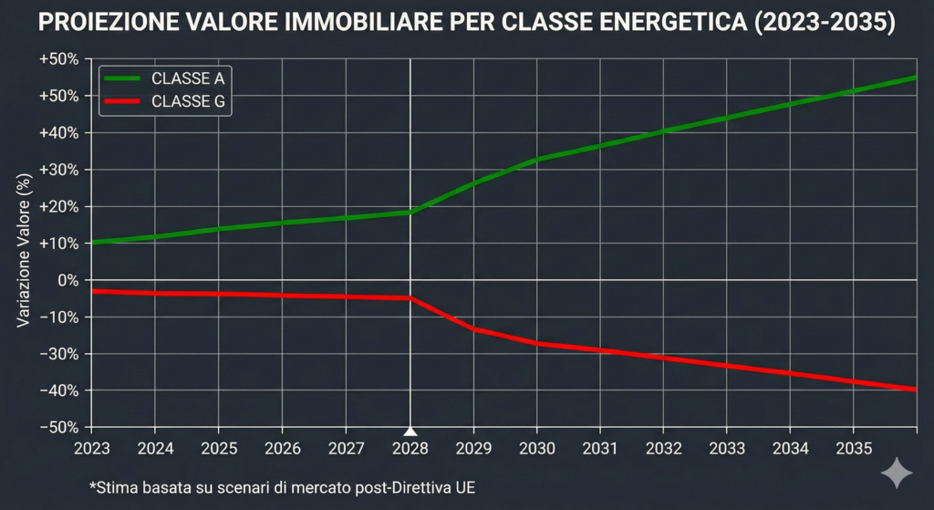 Proiezione del valore immobiliare: mentre la Classe A sale, la Classe G crolla verticalmente dal 2028.