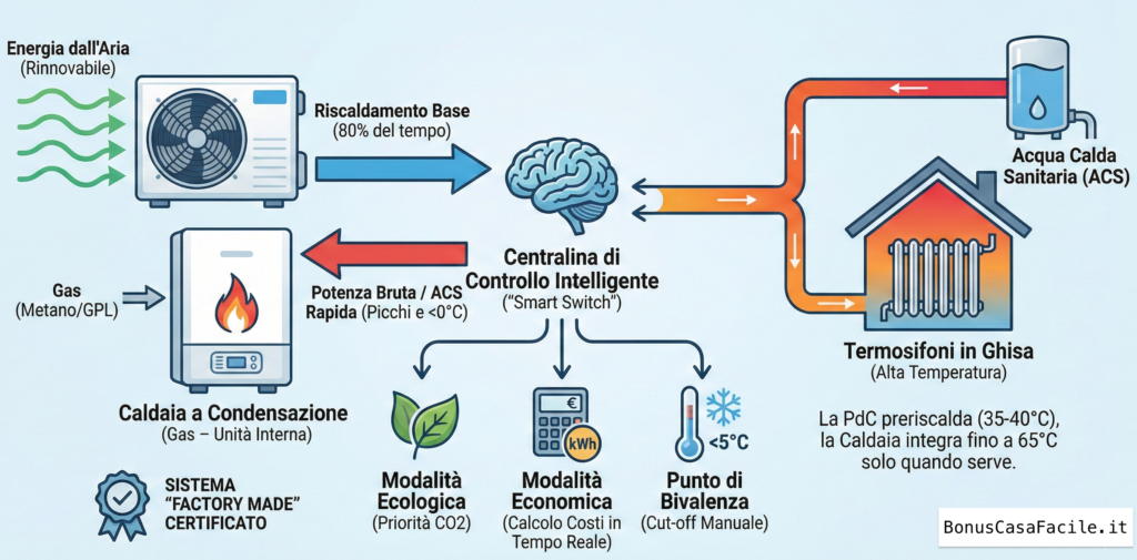 Schema funzionamento caldaia ibrida con pompa di calore e caldaia a condensazione collegate ai termosifoni